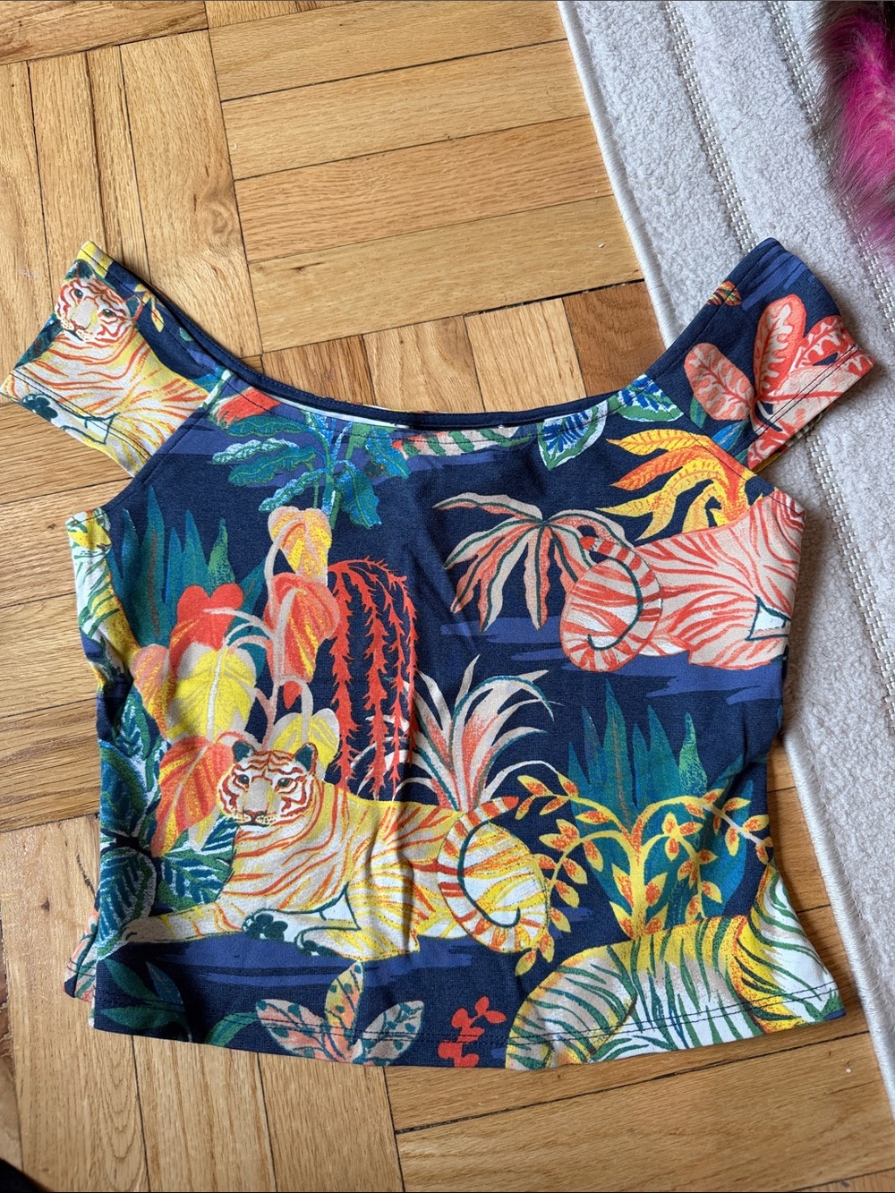 Maeve Navy Tropical Print Off-Shoulder Crop Top with Multicolor Tiger Motif